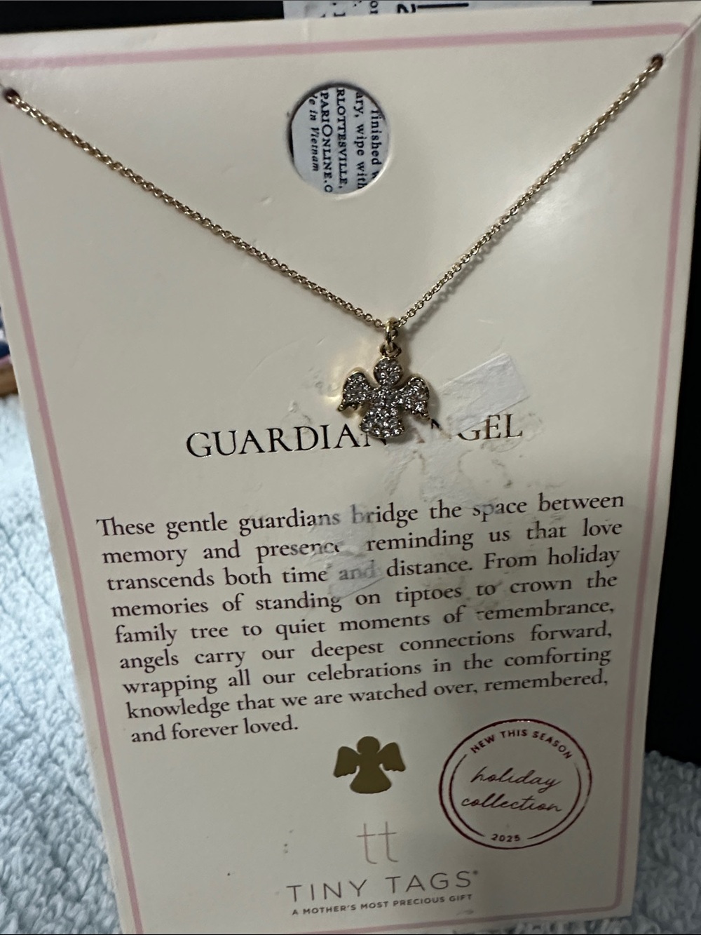 Gold Crystal Guardian Angel Necklace by Tiny Tags NWT